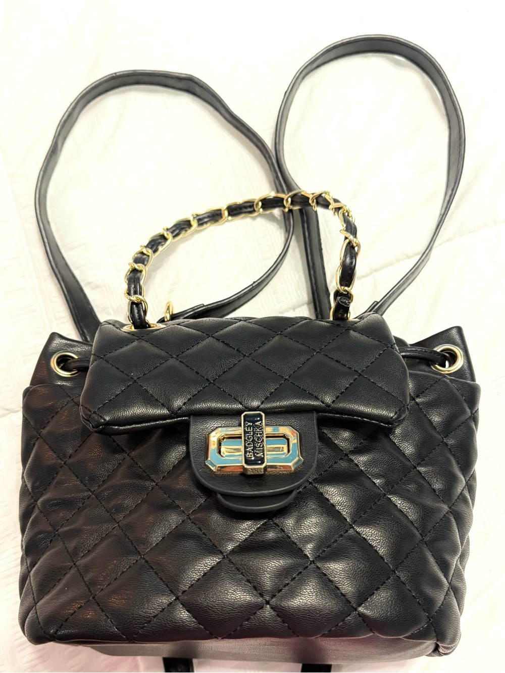 Badgley Mischka Black Quilted Leather Backpack with Gold Chain Accent
